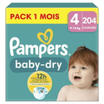 Pampers Baby-Dry, Taille 4, 204 Couches, 9-14kg, Une nuit jusqu'à 100% sans fuites avec la Poche Stop & Protect à l’arrière de la couche, Pack 1 Mois