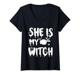 Womens she is my witch, yes I am matching couples Halloween costume V-Neck T-Shirt