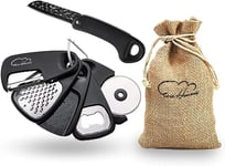 Kitchen Gadgets Set 6 Piece, Space Saving Kitchen Utensils Stainless Steel Accessories Cheese Grater, Bottle Opener, Pizza Cutter, Vegetable Peeler, Paring Knife, Garlic Grinder, Burlap Bag Gift(BLK)