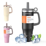 OUTDOUSE PRO Mug Isotherme avec Paille et Poignée 1000ml, Thermos Isotherme en Acier Inoxydable avec Couvercle Étanche, Mug de Voiture, Tasse Isotherme Café pour Boissons Chaudes ou Glacées, Noir