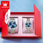 Olevs-Ensemble De Montre À Quartz De Luxe Pour Hommes Et Femmes,Montre De Couple,Miroir Losange,Étanche,Bracelet En Acier Inoxydable Solide,Amoureux,9931 - Type Golden Blue Set