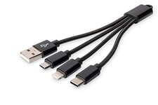 DIGITUS USB Charging Cable - 0.15 m - USB A (male) to Lightning (male), USB Micro B (male), USB C (male) - Blister - Black