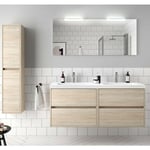 Meuble de salle de bain suspendu en bois naturel 140 cm avec vasque intégré - Nova - 140 cm Avec double miroir et lampe led