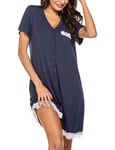 Ekouaer Chemise de Nuit Femme Maternité Robe de Nuit été Coton Nuisette Allaitement Col V Pyjama Sexy Manches Courtes, Bleu Marine, S