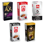 Nespresso Compatible Coffee Capsules - 50 Intense Multi Brand Variety Pack: L’Or, Illy, Bonini, TRE Venezie (Pack of 5, 50 Pods in Total)
