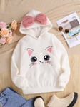 SHEIN Tween Girl's Casual Colorblock Lovely Cat Brodeerattu rusettihuppari, Ylisuuri lämmin pehmofleece-huppari-valkoinen-11Y