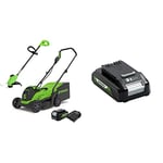 Greenworks Tondeuse à Gazon électrique 24V 33cm 30L Bac, Coupe-Bordures 25cm tête d'alimentation Automatique & Batterie G24B2 (Batterie puissante Rechargeable Li-ION 24 V 2,0 Ah)