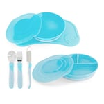 Twistshake Ensemble de Vaisselle pour Bébé - 6 Pièces | 1x Set de Table Bébé en Silicone - 1x Assiette Enfant - 1x Assiette Divisée - 3x Couverts d'Apprentissage en Acier Inoxydable | 6+ mois | Bleu