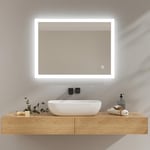 EMKE Miroir Salle de Bain LED 80x60 cm, Miroir avec Éclairage Blanc Froid, Miroir Mural avec Interrupteur Tactile, IP44, Économe en Énergie, Miroir Lumineux