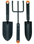 Fiskars Set d'outils de jardinage, 3 pièces, Déplantoir, Transplantoir, Griffe de Jardin, tête en acier inoxydable/poignée en plastique, noir/orange, Ergo, 1027681