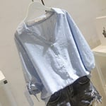 Women'S Shirt Plus Size White Linen Blouse Shirt Fashion Women Tops And Blouses Fall Female Shirt Polka Dot-Blue_L