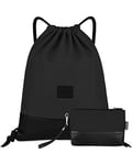 LIVACASA Sac à Cordon de Sport Yoga Impermeable Sac de Gym Étanche Ultra-léger Pliable Sac à Dos à Cordon pour Gym Ecole Natation Piscine Plage Camping Voyage (Noir(pochette), H 42cm L 33cm)