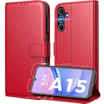 Peakally Coque pour Samsung Galaxy A15 5G/4G [ Verre Trempé Protection *1 ] [ Blocage du Signal RFID ] [ Premium PU ] [ Pochette de Portefeuille ] Etui à Rabat pour Samsung A15 5G/4G, Rouge