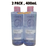 LOreal Paris Micellar Water Makeup Remover for Normal to Dry Skin 400mL,2PACK