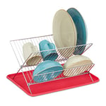 Relaxdays Dish Drainer with Drip Tray, Folding Drying Rack, Metal & Plastic, HxWxD 24 x 42 x 32 cm, Red, Iron