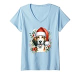 Womens Christmas English Foxhound Dog Watercolor Artwork V-Neck T-Shirt