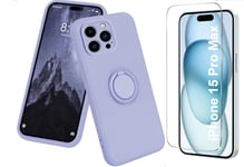 Coque Silicone Pour iPhone 15 Pro Max Couleur Violet Avec Anneau Support + Verre