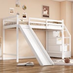 Lit mezzanine 90x200cm, lit enfant avec toboggan, échelle de rangement, certifié EN747, blanc