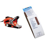 BLACK+DECKER 720 W Angled Belt Sander for Large Surfaces with Cyclonic Action Dust Canister, KA88-GB with Silverline 625574 Sanding Belts 75 x 533 mm, 120 Grit - Pack of 5