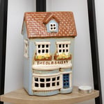 Old Bakery Tealight Holder Ceramic Tall Blue House Candle Lantern Ornament Gift