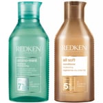 Redken Amino Mint Scalp Cleansing for Greasy Hair Shampoo and All Soft Hydrating Care Conditioner Bundle