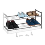 Relaxdays Étagère à Chaussures en métal, 2 Niveaux, empilable, Porte-Chaussures HLP 33,5x70x26cm, pour 6 Paires, argenté