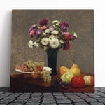 Big Box Art Canvas Print Wall Art Henri Fantin-Latour Still Life Fruit with Flowers (4) | Mounted & Stretched Box Frame Picture | Home Decor for Kitchen, Living Room, Bedroom, Muli-Colour, 14x14 Inch