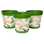 Hum Flowerpots set of 3 plastic, indoor/outdoor plant pots 25cm diameter and 3 saucers 19cm diameter (Green Flamingos)