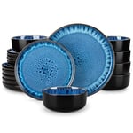 vancasso Dinner Set, Reactive Glaze Dinner Sets for 6 People, 18-Piece Mediterranean Crockery Set with Dinner Plates, Dessert Plate and Cereal Bowls, Playa Blue