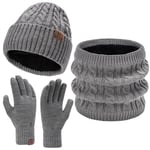 Homme Hiver Bonnets Gants Tactiles Echarpe Ensemble Cable Knit Slouchy Chapeau avec Doublure en Polaire, Gris Clair