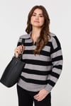 Izabel London Womens Black Striped Zip Neck Collared Pullover - Size 12 UK