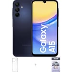 Samsung Galaxy A15 -puhelin, 128/4 Gt, musta + silikonisuoja ja panssarilasi