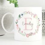 Personalised Coffee Mug PINK WREATH NAME INITIAL Girls Home Ladies Decor Gift