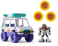 Teen Titans GO! - T-Car Pizza Launcher - Véhicule avec Figurine Interactive De Cyborg - Lanceur De Pizzas - Figurine Cyborg - Jouet À Collectionner - Super Héros - Jouet Enfant 4 Ans Et +