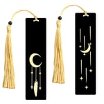 2 Pièces Marque Page Métal 12 * 3cm, Marque Page Noir et Or Étoile Plume Lune avec Gland Pendentif, Cadeau pour les Amateurs de Lecture Étudiants (Lune et étoiles)