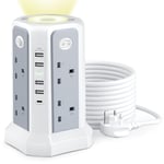 Tower Extension Lead with USB Slots and Night Light, 20W USB C Fast Charger, (13A 3250W)5 USB Ports & 8 Way Extension Tower, Surge Protected Extension Lead with 4 Switches, 3M Extension Cable