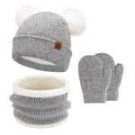 Enfants Bébés Hiver Bonnet Gants Tactiles Écharpe Ensemble Bonnet Pompon Moufles Cache-Cou avec Doublure Polaire pour 0-4 Ans Fille Garçon