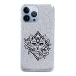 coque Iphone 13 PRO paillettes argent chat fleur