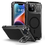 Lanhiem Coque pour iPhone 14 (6.1''), Métal et Rigide [Protection Caméra & Supports] Antichoc Militaire avec du Verre trempé Integrale Indestructible Chantier Etui [Compatible Charge sans Fil] Noir