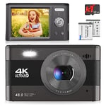 4K Compact Digital Camera with SD Card, 48MP Photo/ 4K Video 30FPS/ 2.8”HD Screen/ 18X Zoom, Camera Beginners for Kids/Children/Teenagers/Students/Teens Black