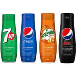 fyra Sodastream Pepsi sirap, Mirinda, 7UP, Pepsi Max sod