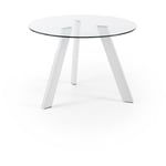 Table de salle à manger Carib ronde ø 110 avec plateau en verre et pieds en acier chromé blanc - Kave Home