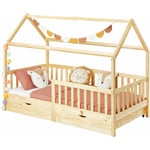 Lit cabane nuna lit enfant simple montessori en bois 90 x 190 cm, avec rangement 2 tiroirs, en pin massif finition naturelle - Naturel