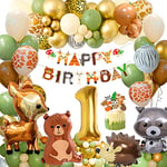 Decoration Anniversaire 1 an Garcon Fille, Vert Marron Ballon Anniversaire 1 An,Deco Anniversaire Garcon Fille, Kit Anniversaire Jungle Animaux Ballons pour Bebe Garçon Fille