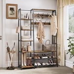 YITAHOME Portemanteau avec Rangement pour Chaussures, Arbre d'entrée sur Pied avec Banc, Porte-Manteau Industriel avec 5 étagères, Tringle à Vêtements pour Chambre à Coucher Salon Couloir, Marron