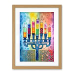 Artery8 Jewish Menorah Candles Multicolour Folk Art Watercolour Painting Artwork Framed Wall Art Print 18X24 Inch