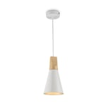 Lampe Suspendue Métal Bois Ø 14 Cm H: 142 Cm Réglable Blanc Nature E27