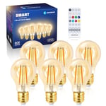 Aigostar Mesh - Ampoule Connectée Bluetooth Mesh A60, Edison Vintage Lampe à Filament LED Dimmable 6W 806LM Blanc Chaud 2700K-6500K, Compatible avec Alexa/Google Assistant, 6 Unité (avec Télécommande)