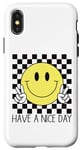 Coque pour iPhone X/XS Have a Nice Day, sourire rétro des années 70, visage souriant à carreaux