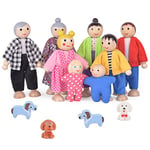 Aolso Famille de Poupée en Bois, Ensemble de poupées pour Enfants, Personnage Maison de Poupee, Ensembles de 8 Personnes Maison de poupées en Bois avec 4 Chiens, Accessoires de Maison de poupée